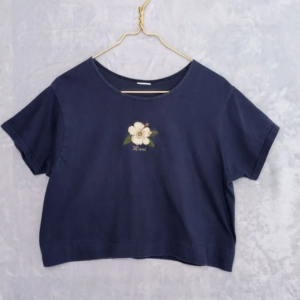 Vintage Navy Blue Maui Cropped T-Shirt Size M Embroidered Hibiscus Boxy Vintage